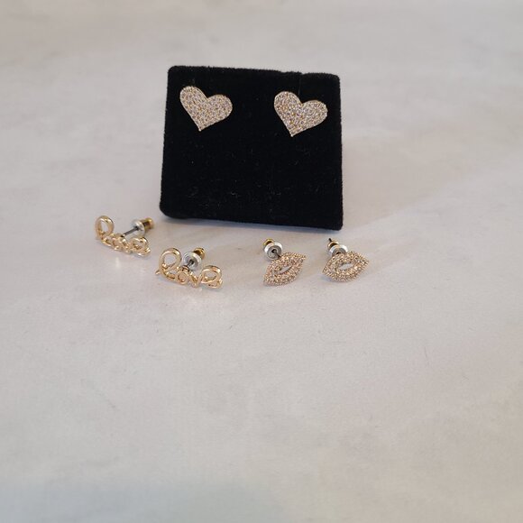 Gold Tone and Crystal CZ Valentine's Earring Set of Three Studs - Picture 12 of 12